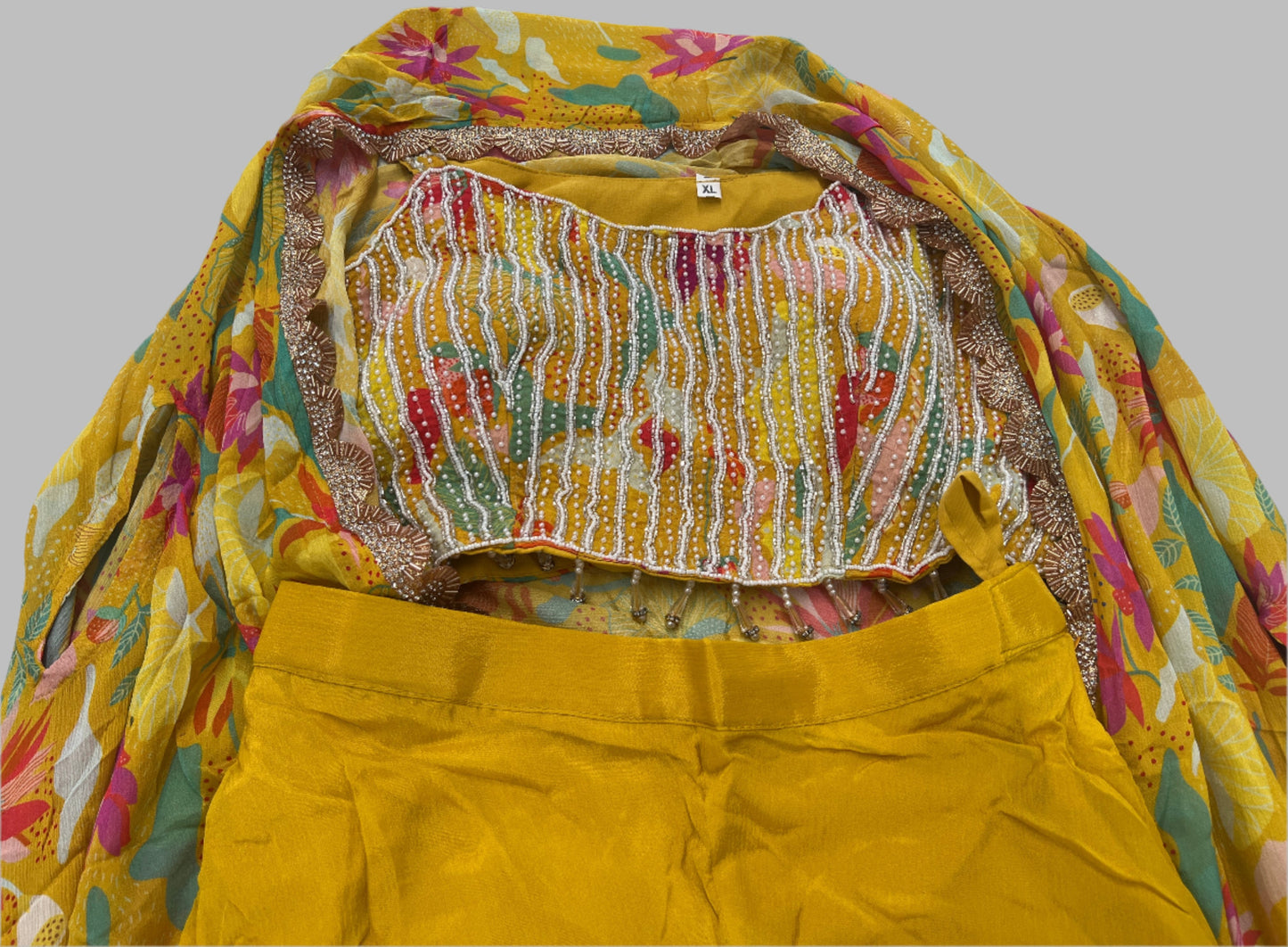 Yellow Georgette Pearl and Diamond Embroidered Crop Top with sharara and Jacket