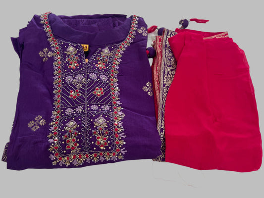 Wine Cotton Silk embroidered Worked Salwar Suit