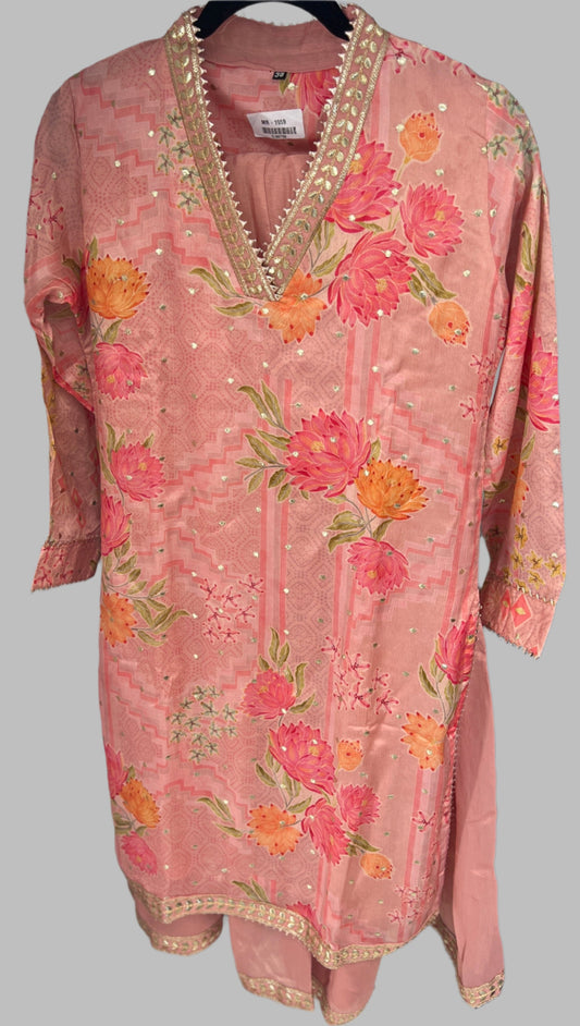 Pink Silk Cotton Sharara Set with Floral Design and Designer Dupatta