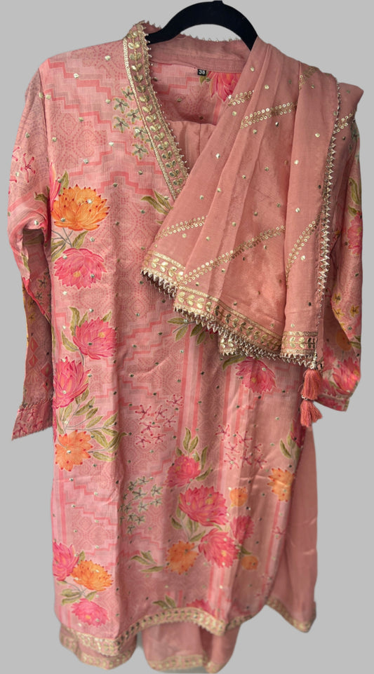 Pink Silk Cotton Sharara Set with Floral Design and Designer Dupatta