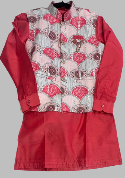 Boys Premium Cotton Kurta, Pyjama & Koti Set – Red