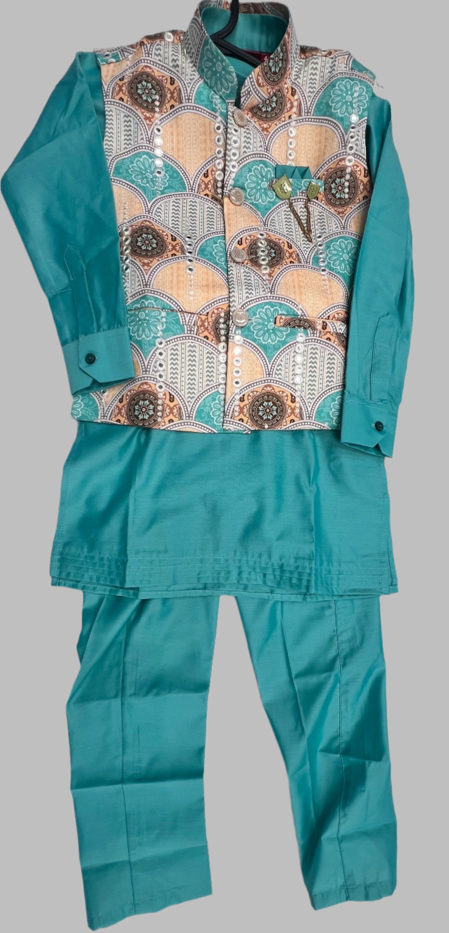Boys Premium Cotton Kurta, Pyjama & Koti Set - Blue