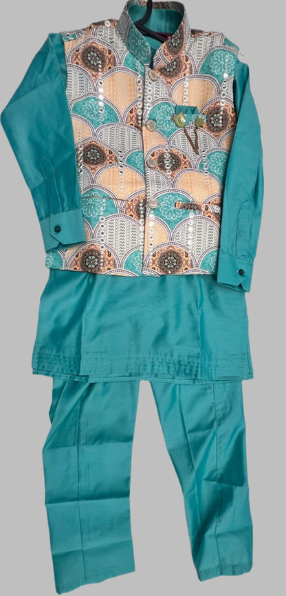 Boys Premium Cotton Kurta, Pyjama & Koti Set - Blue
