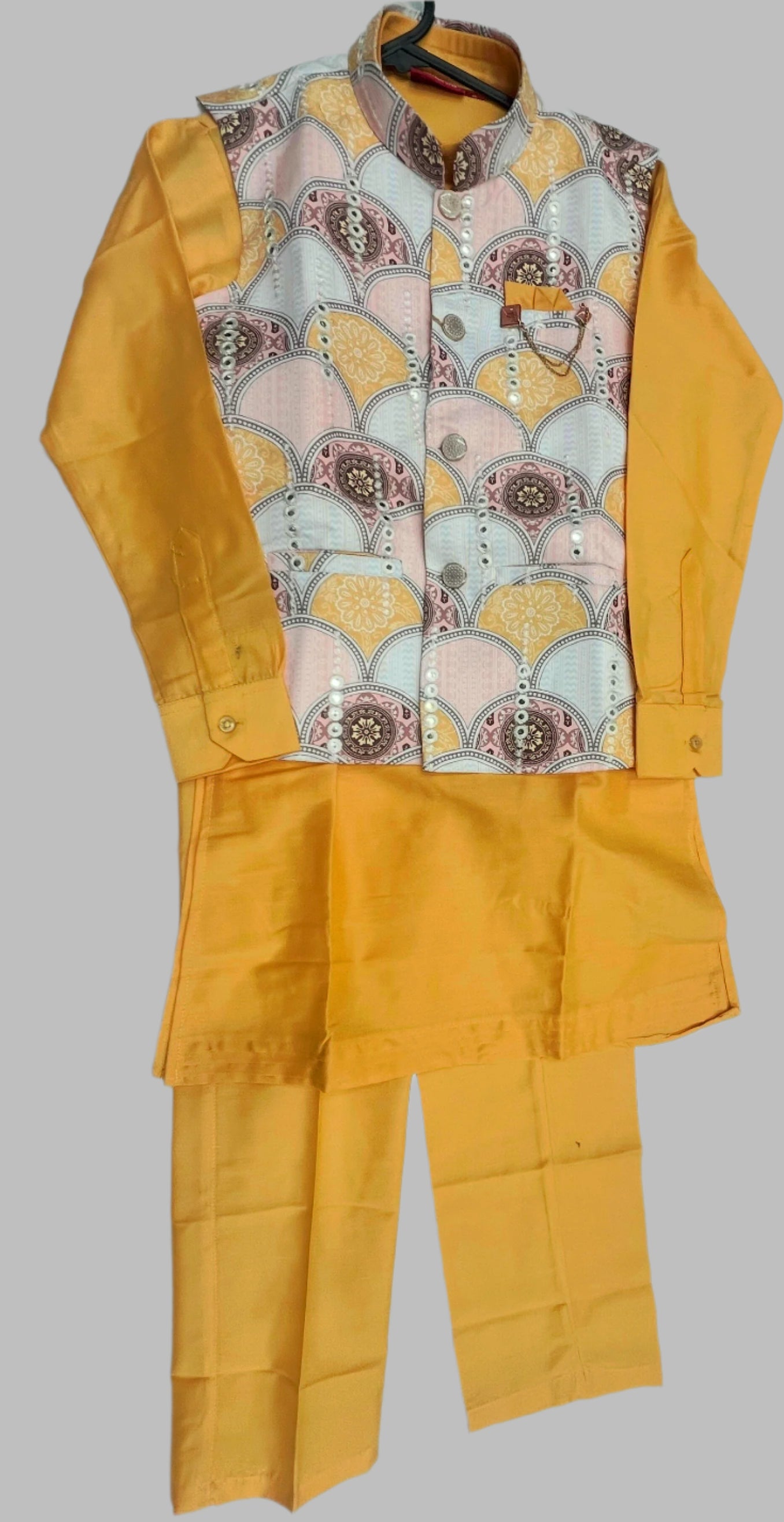 Boys Premium Cotton Kurta, Pyjama & Koti Set – Yellow