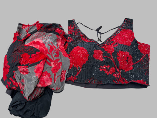 Red Black silk designer Crop Top Palazzo with Jacket