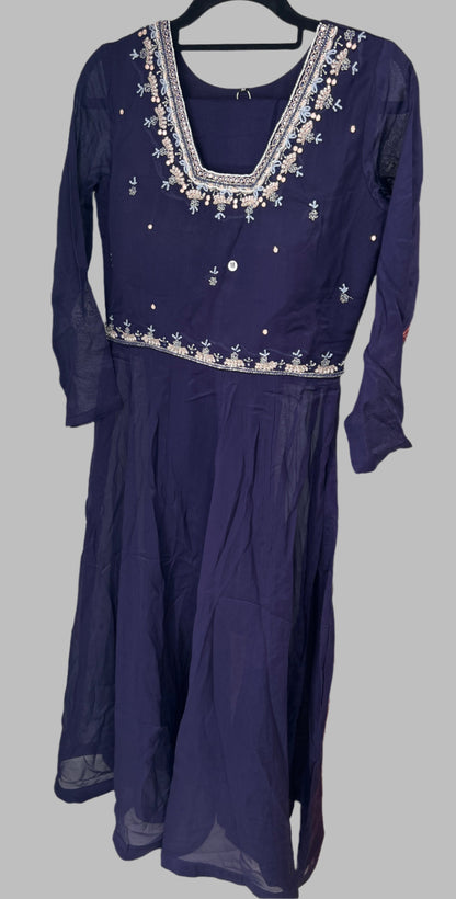 Navy blue embroidered long kurta with floral detailing and sheer long sleeves on hanger