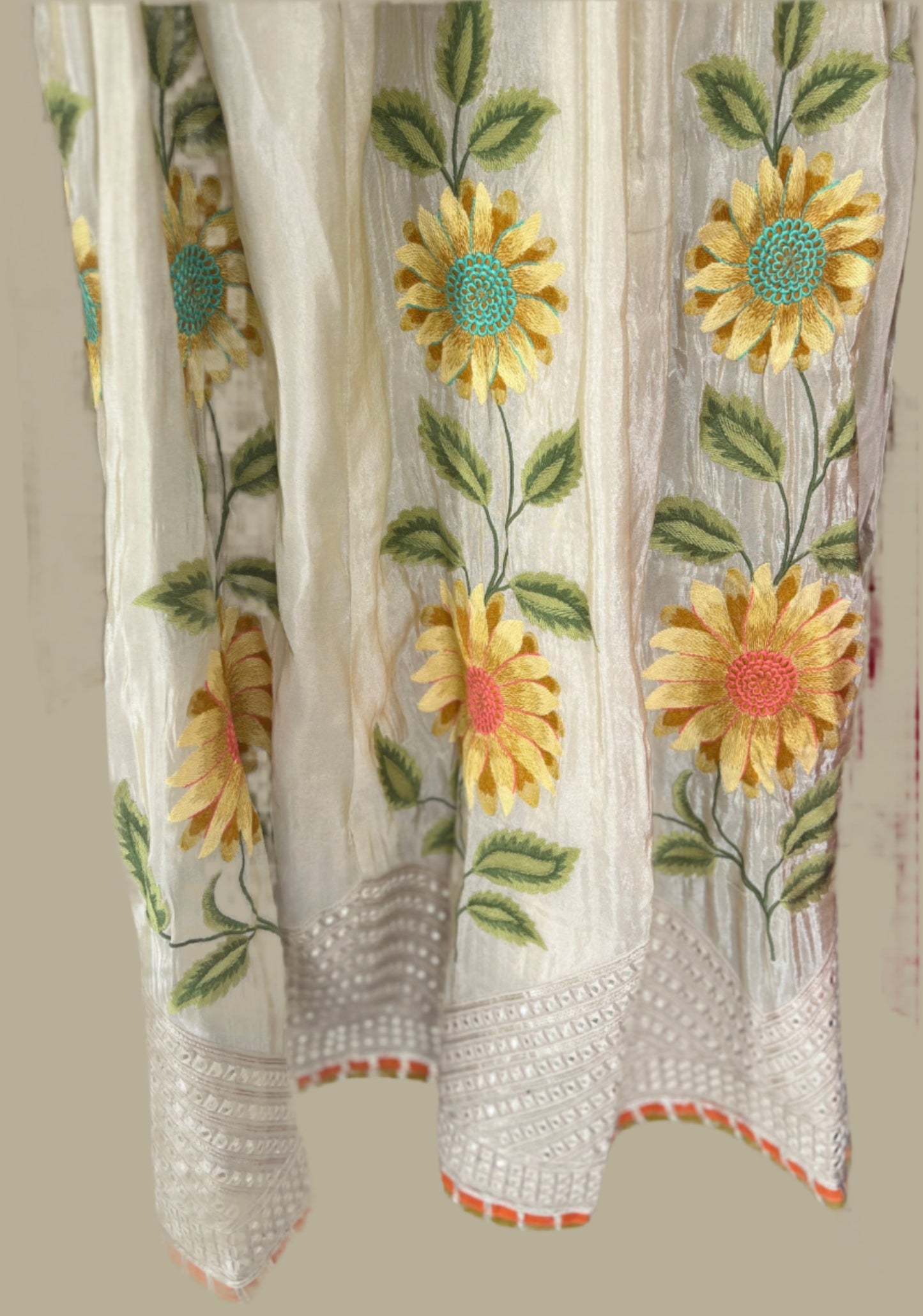 Ivory Whisper Designer Sunflower Embroidered Kurta and Skirt Set