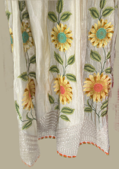 Ivory Whisper Designer Sunflower Embroidered Kurta and Skirt Set