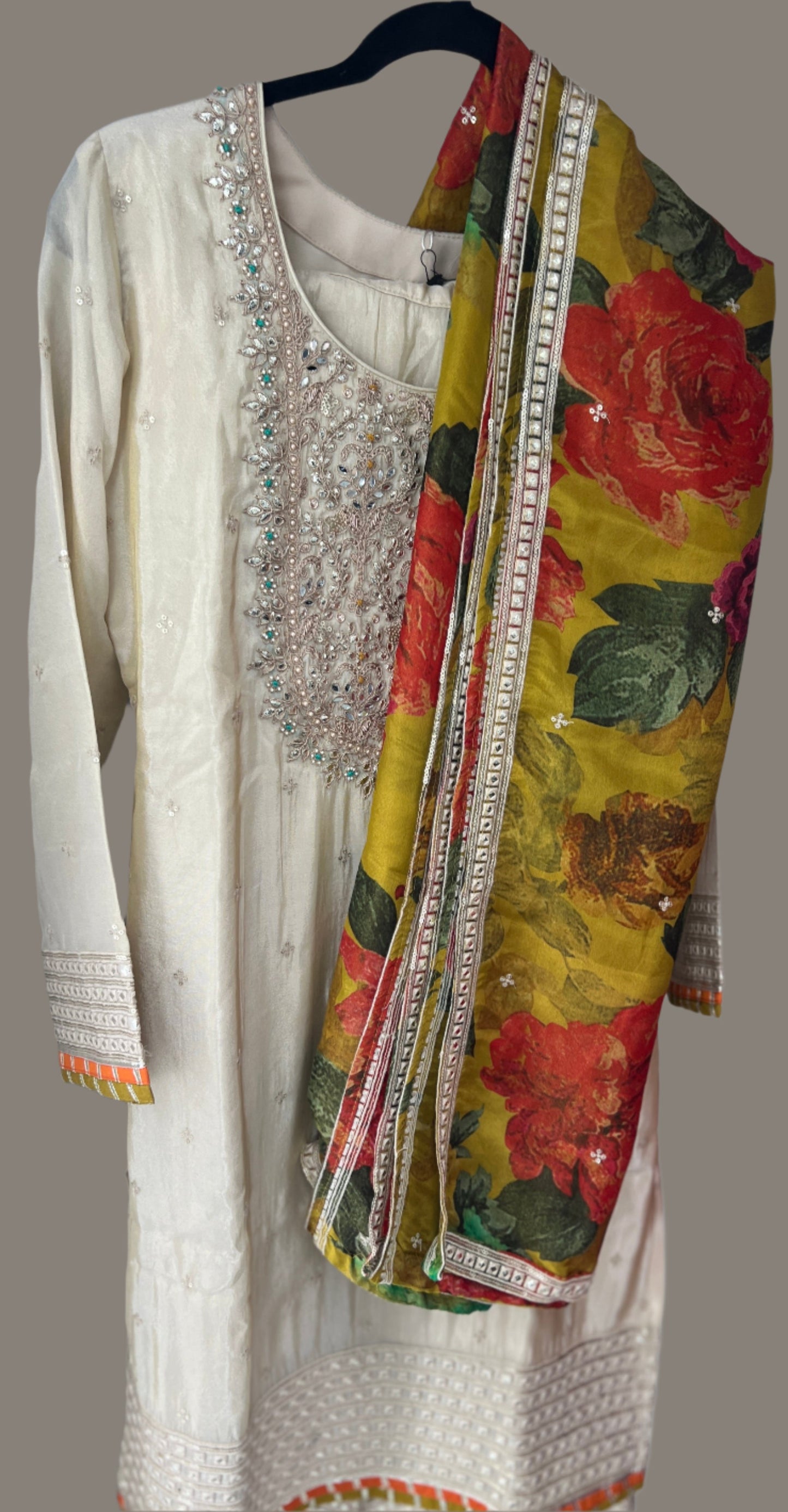 Ivory Whisper Designer Sunflower Embroidered Kurta and Skirt Set