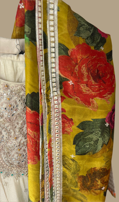 Ivory Whisper Designer Sunflower Embroidered Kurta and Skirt Set