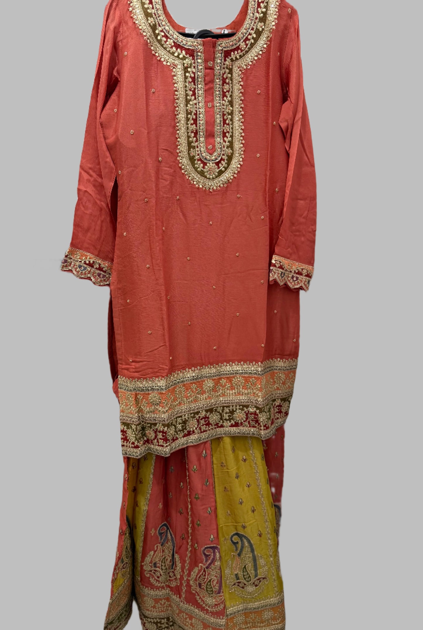 Peach Gold Embroidered Kurta Lehenga Set with Velvet Dupatta