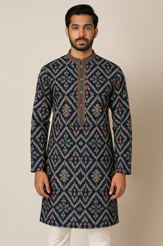 Man wearing a navy blue embroidered kurta with white pants on a beige background