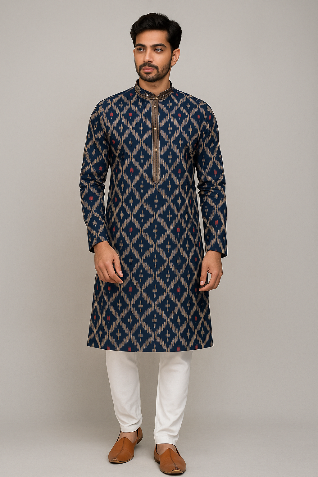 Ikat Blue Silk Blend Men’s Kurta Set – Festive Collection