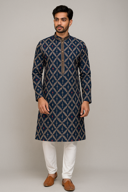 Ikat Blue Silk Blend Men’s Kurta Set – Festive Collection