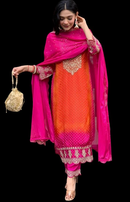 Orange & Pink Silk Handwork Designer Salwar Suit