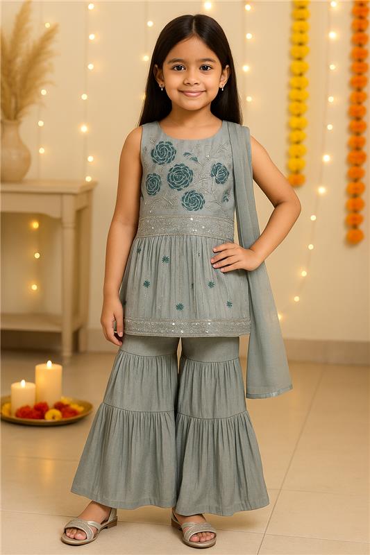 Silver Gray Embroidered Sharara Set - 6817