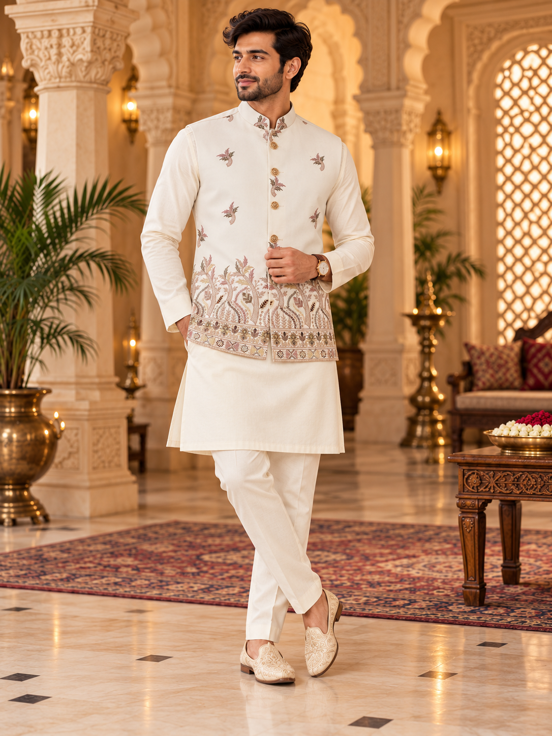 Royal Ivory Floral Embroidered Nehru Jacket