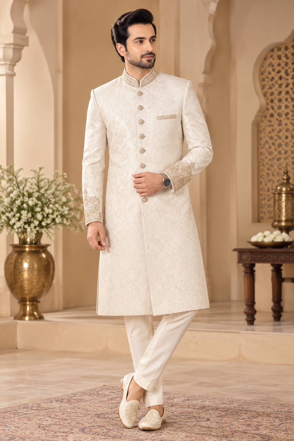 Royal Ivory White and Gold Embroidered Sherwani