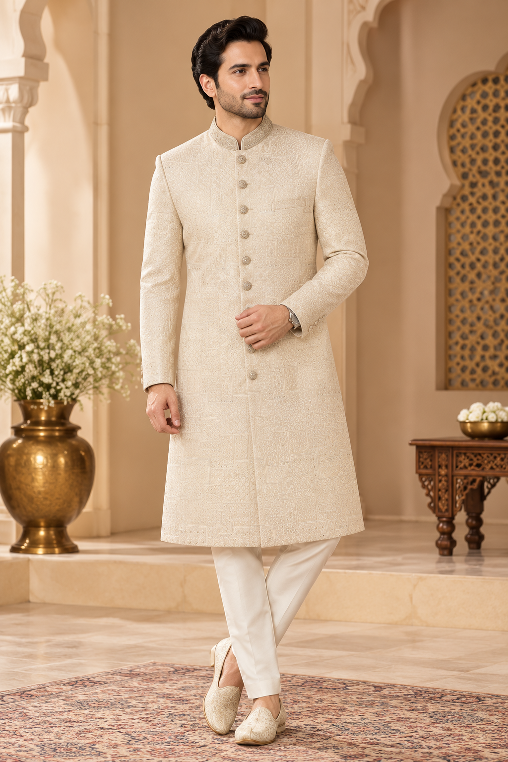 Royal Champagne Cream Jacquard Sherwani