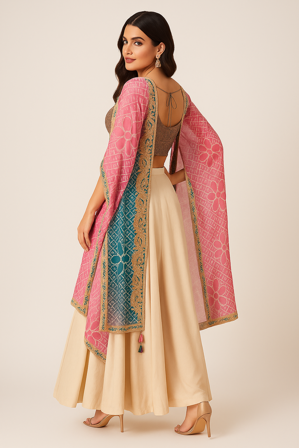 Woman wearing a traditional outfit with a pink dupatta and beige skirt on a beige background