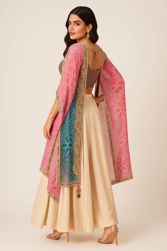 Woman wearing a traditional outfit with a pink dupatta and beige skirt on a beige background