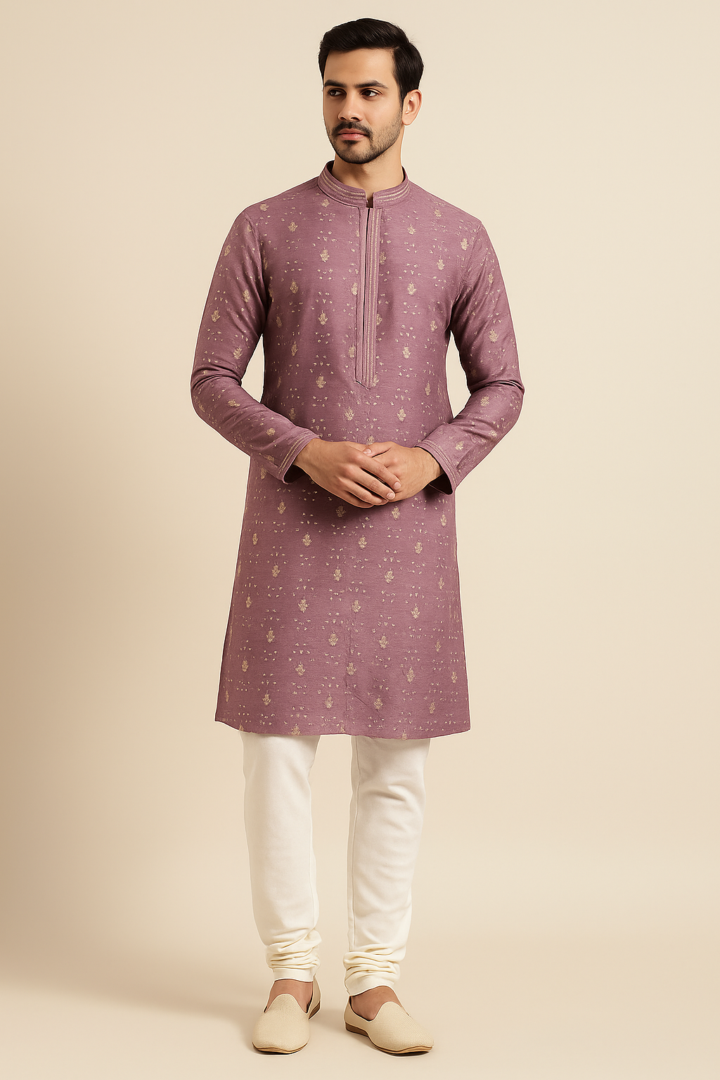 Man wearing a mauve kurta with white pants on a beige background
