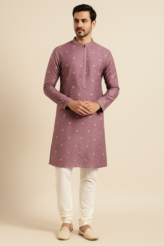 Man wearing a mauve kurta with white pants on a beige background