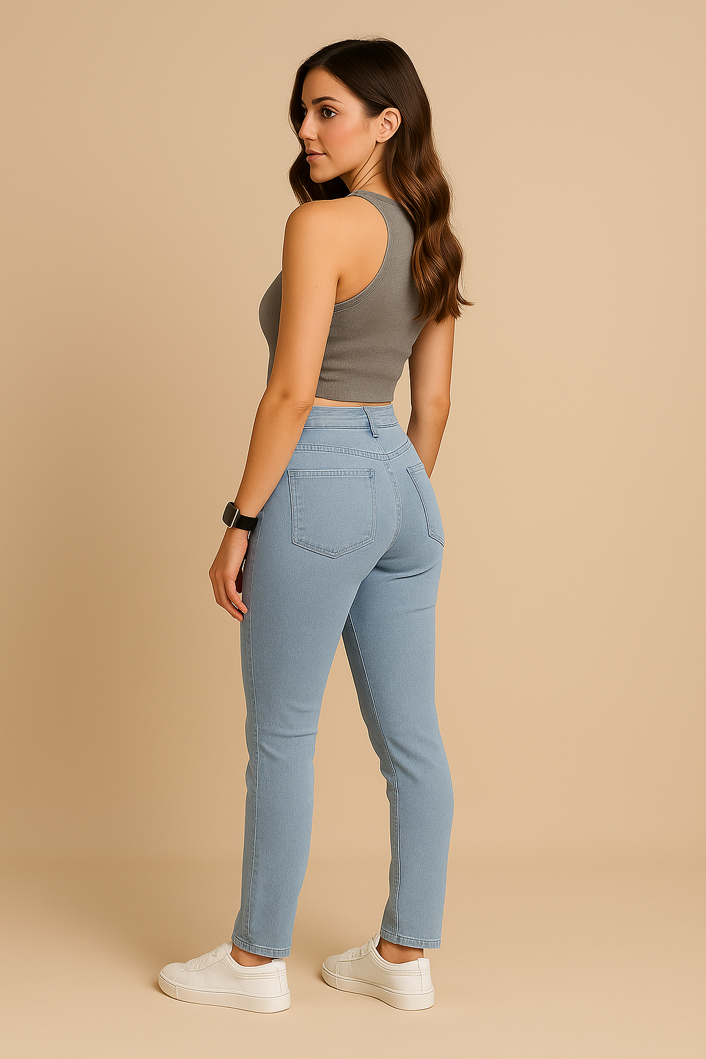 Woman wearing light blue jeans and a gray top on a beige background