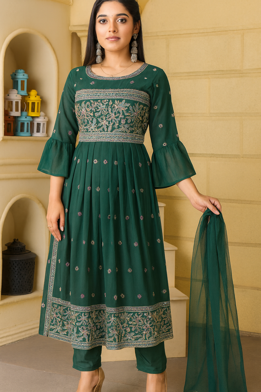 Woman wearing a green embroidered dress holding a dupatta in a room with shelves.