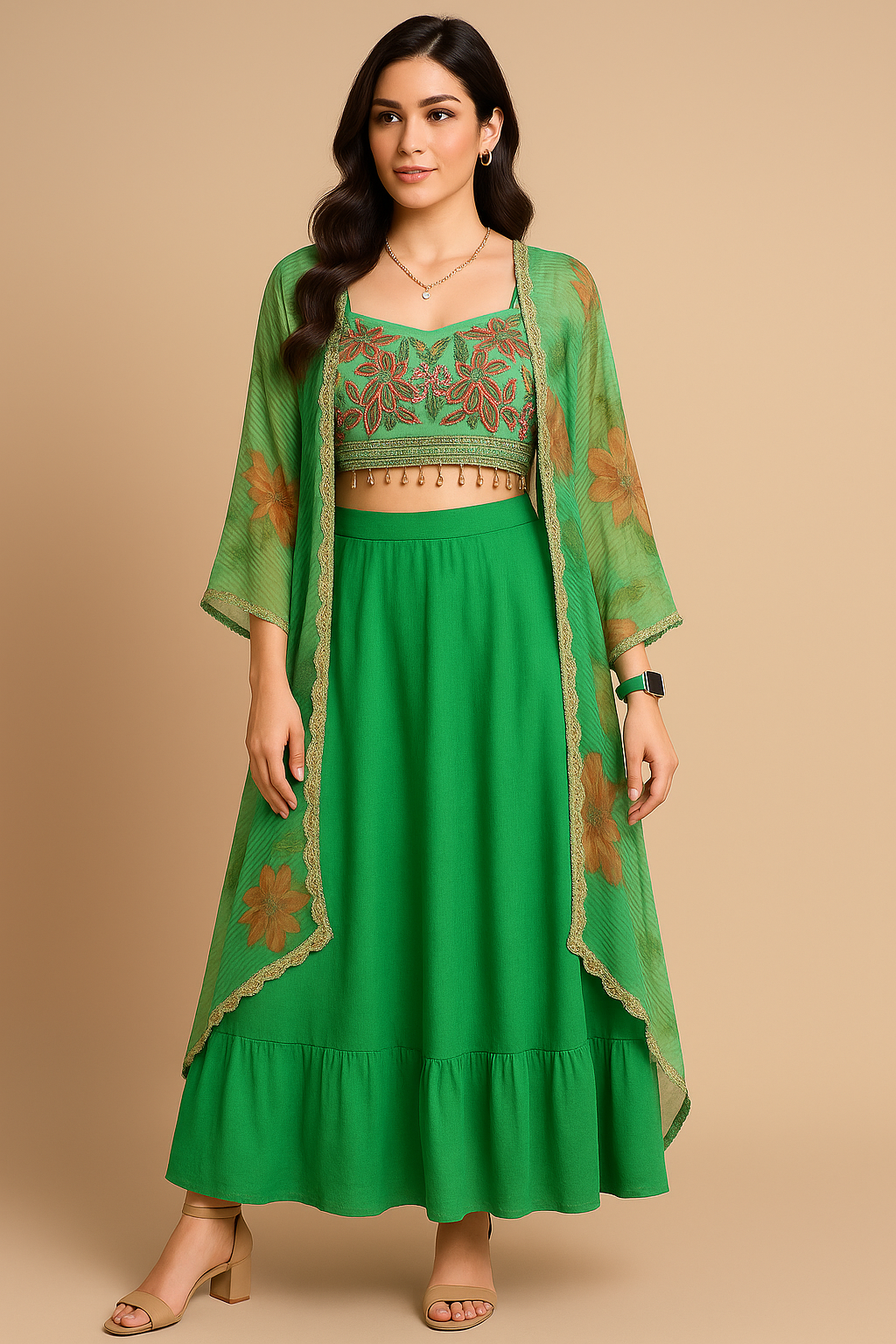 Woman wearing a green traditional outfit with a beige background