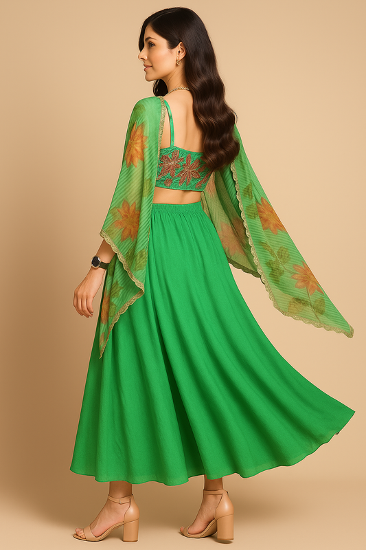 Green traditional outfit with floral patterns on a beige background