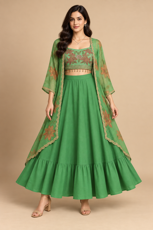 Front view of meadow green Indo-Western choli, floral jacket and flared skirt set