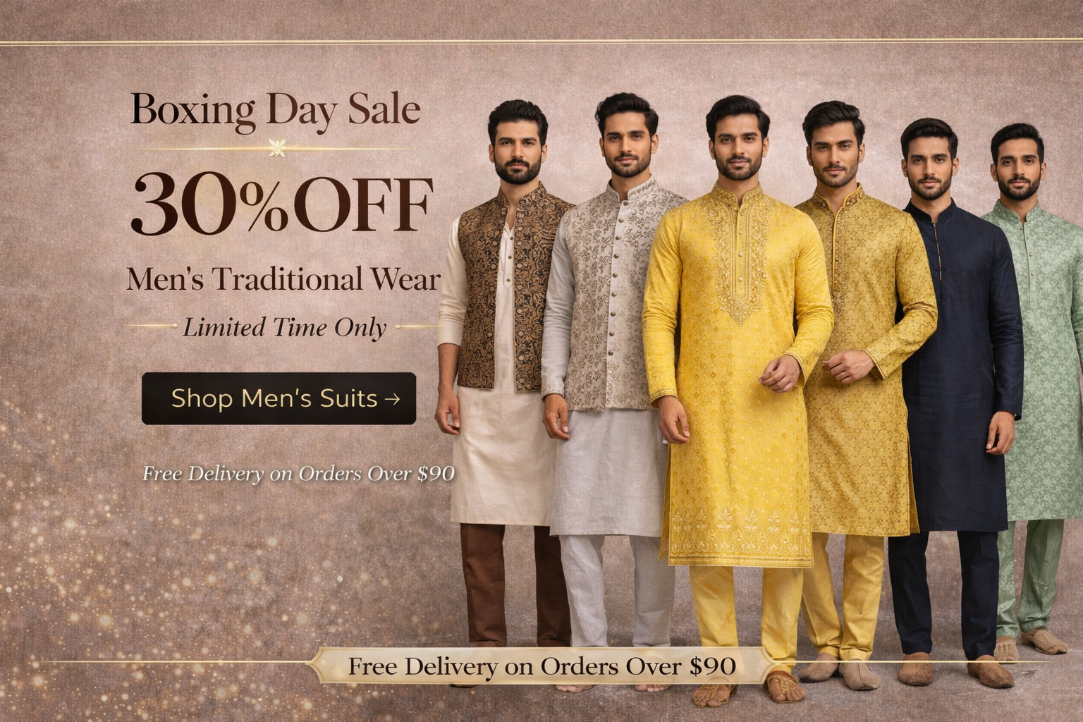 Promotional banner for men's traditional wear with a 30% off discount during Boxing Day sale.