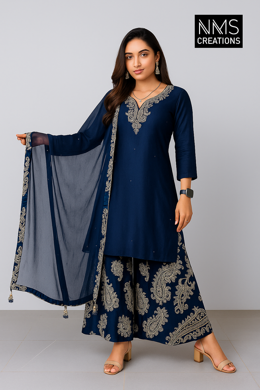 Midnight Navy Tissue Silk Palazzo Suit