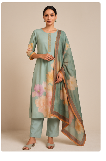 Mint Green Floral Printed Cotton-Silk Kurta Set with Dupatta