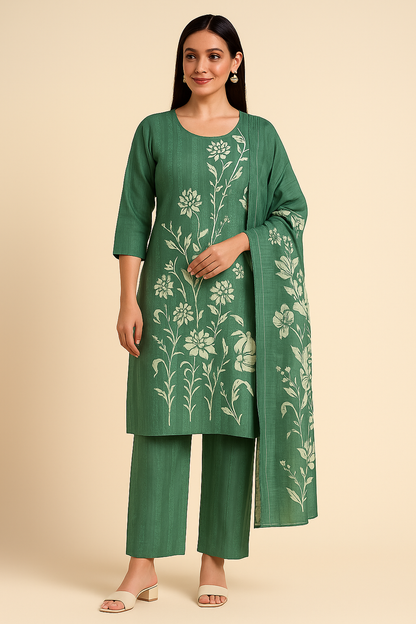 Woman wearing a green floral embroidered outfit on a beige background