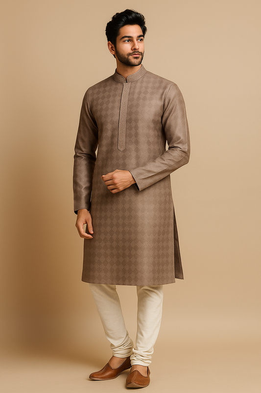 Man wearing a brown kurta with white pants on a beige background
