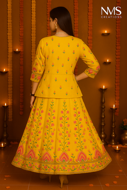Mustard & Red Embroidered Lehenga Set