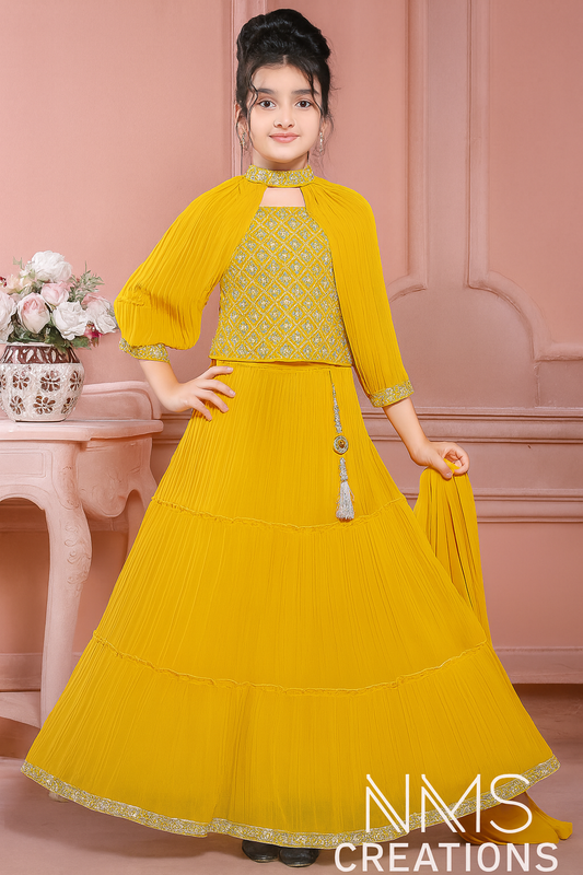 Young girl in a yellow traditional outfit with a pink background