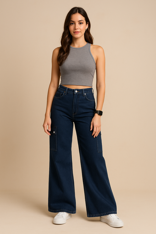 Woman wearing a gray tank top and dark blue jeans on a beige background