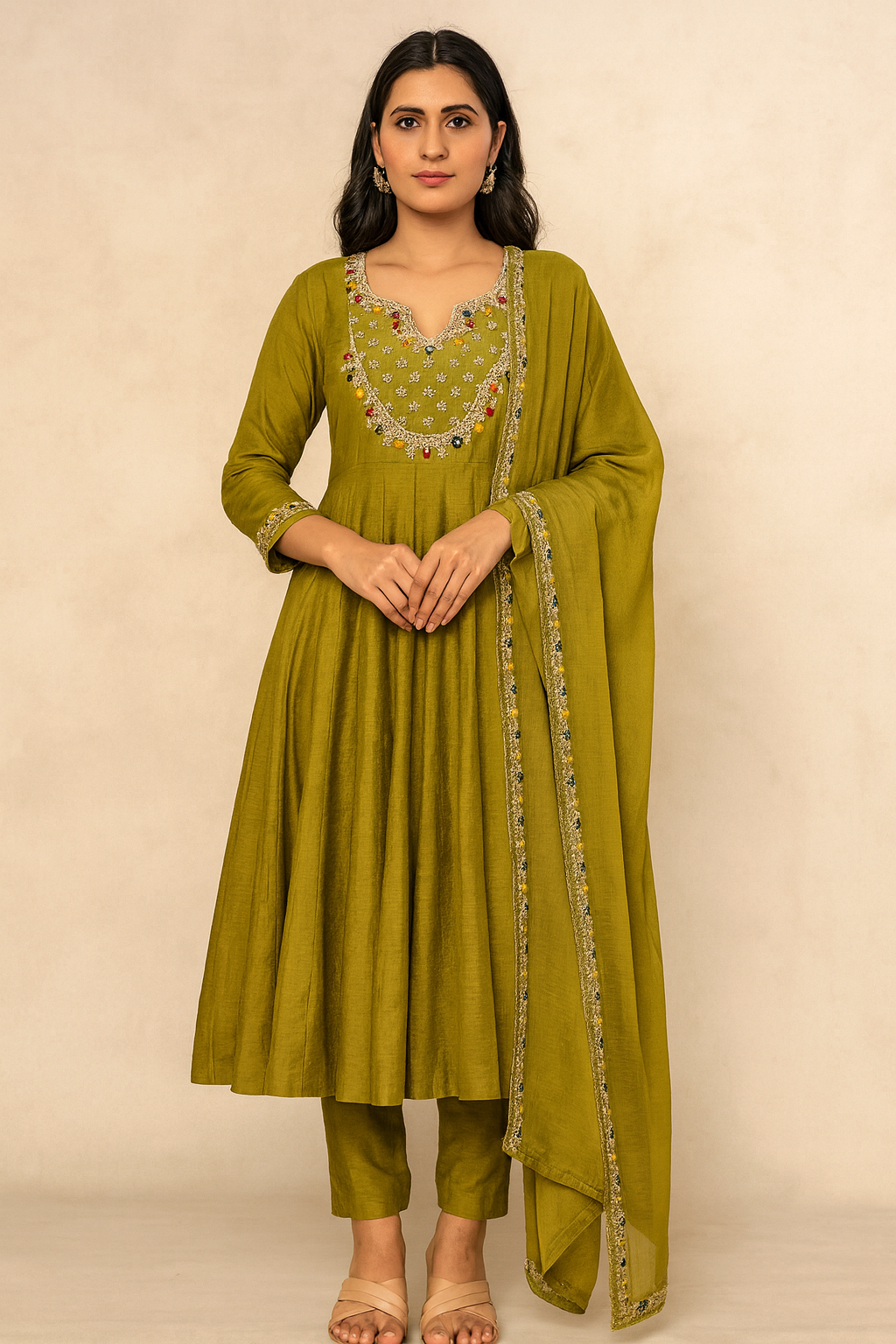 Woman wearing a green traditional outfit with intricate embroidery on a beige background