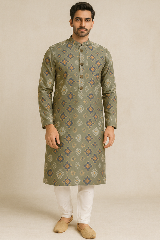 Olive Green Silk Blend Men’s Kurta Set – Festive Collection