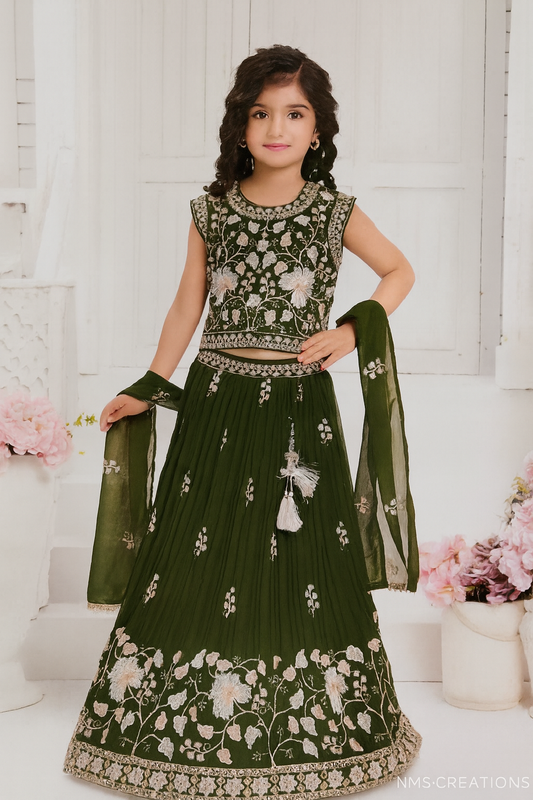 Olive Green Floral Embroidered Lehenga Choli Set