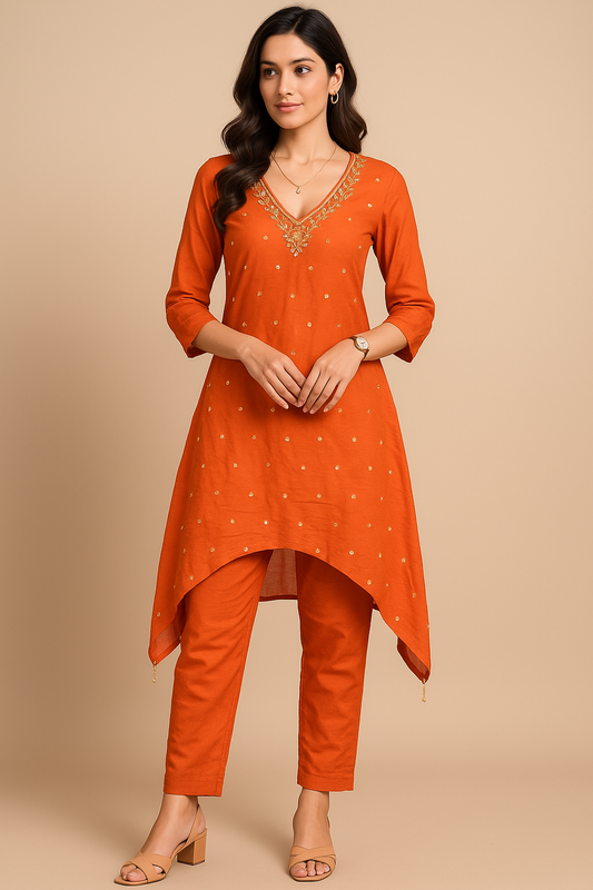 Woman wearing an orange kurta with a matching high-low hem on a beige background