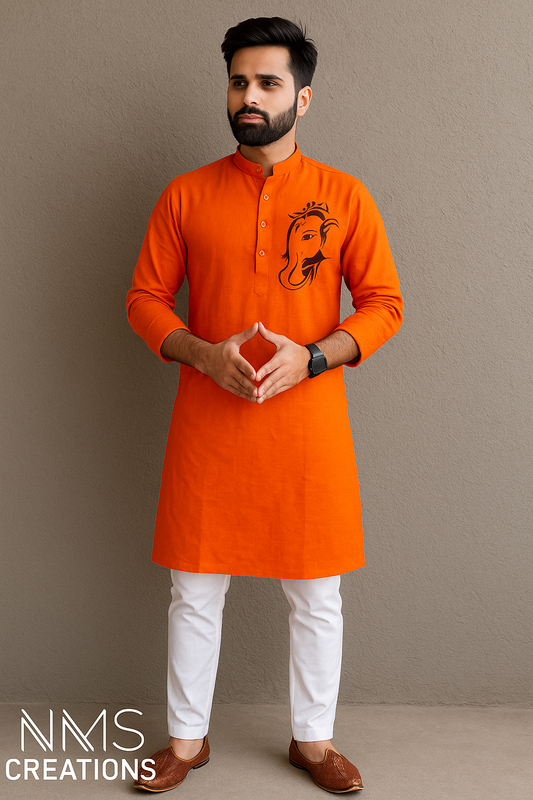 Man wearing an orange kurta with white pants against a brown background, with 'NMS Creations' branding.
