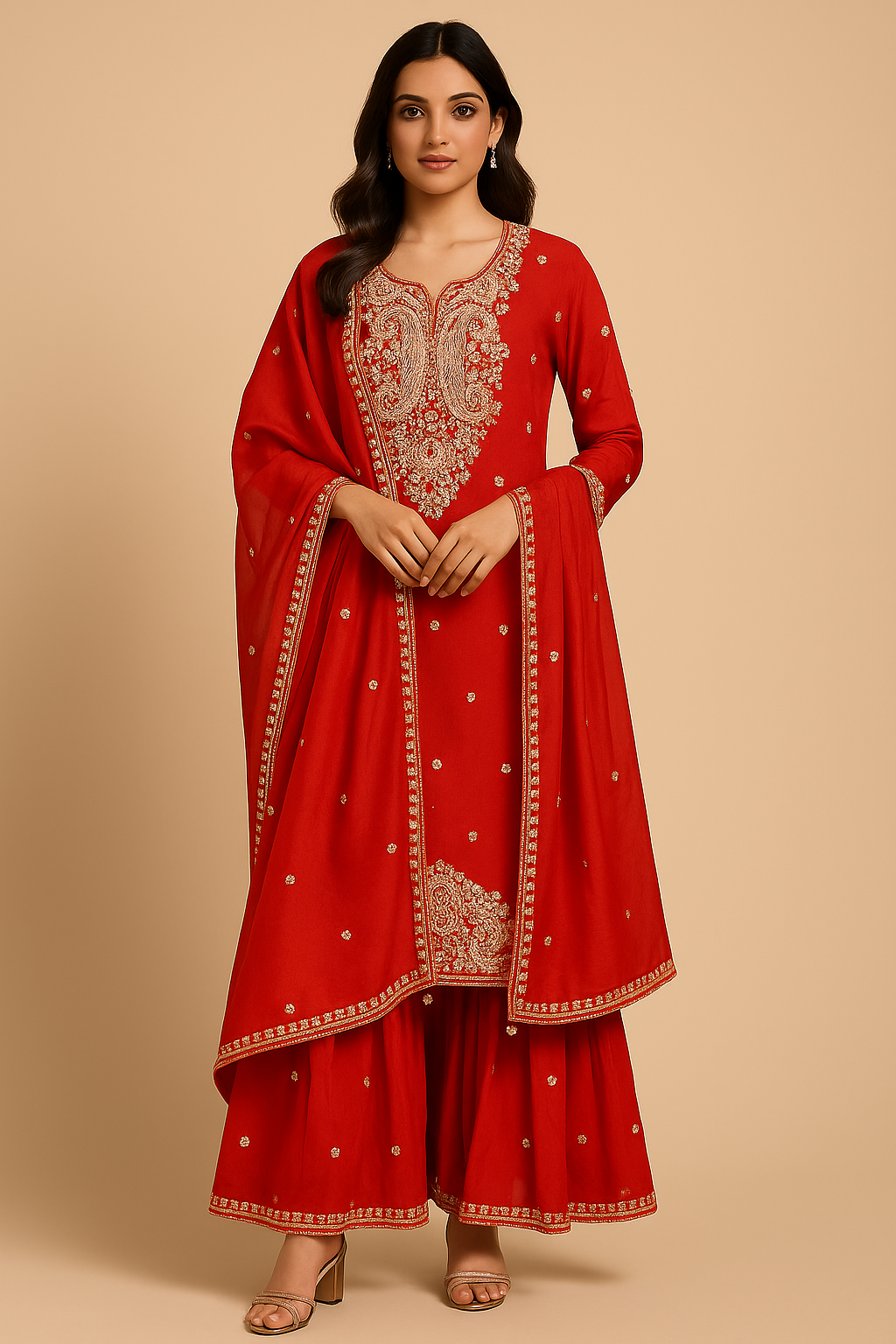 Embroidered Indo-Western Palazzo Suit – Crimson Red