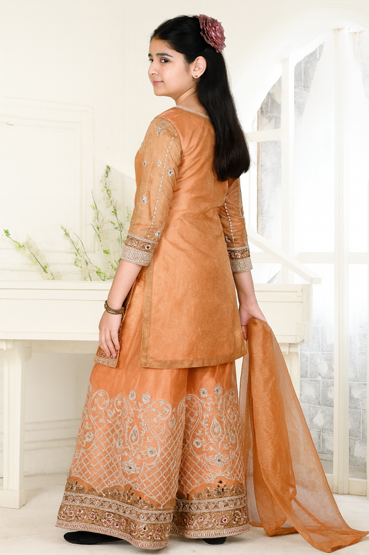 Woman wearing an orange traditional outfit with intricate patterns indoors.
