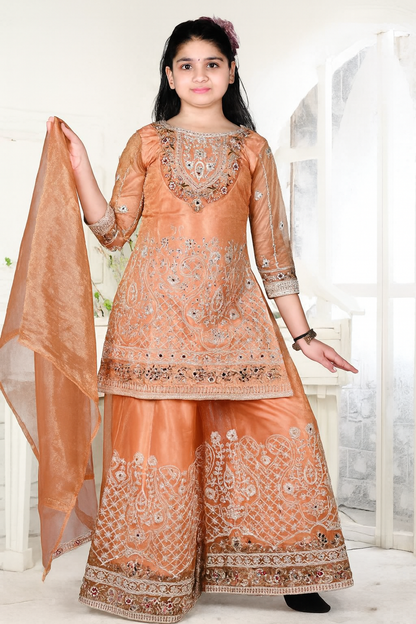 Woman wearing an orange embroidered traditional outfit with a white background