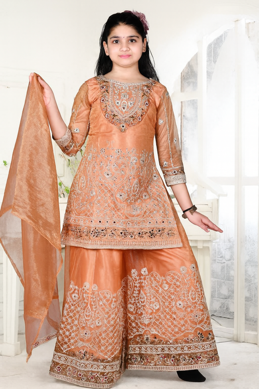 Woman wearing an orange embroidered traditional outfit with a white background