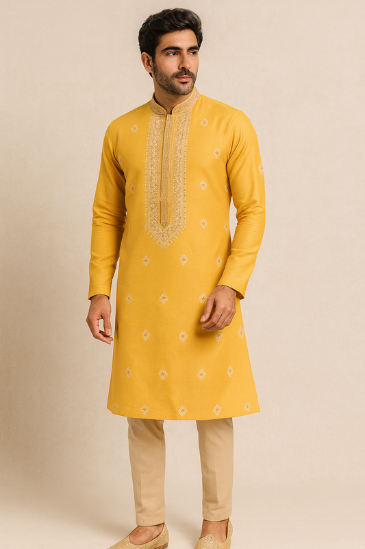 Man wearing a yellow kurta with intricate embroidery on a beige background